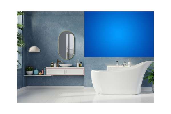 Blue and dark grey bathroom decor with shelves