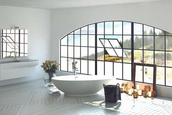 Window frame mirror above bathroom vanity and double sink