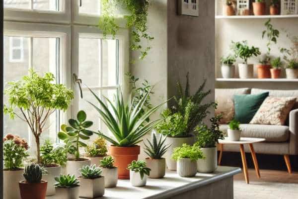 Window Sill Arrangements for Arrange Plants In Small Living Room